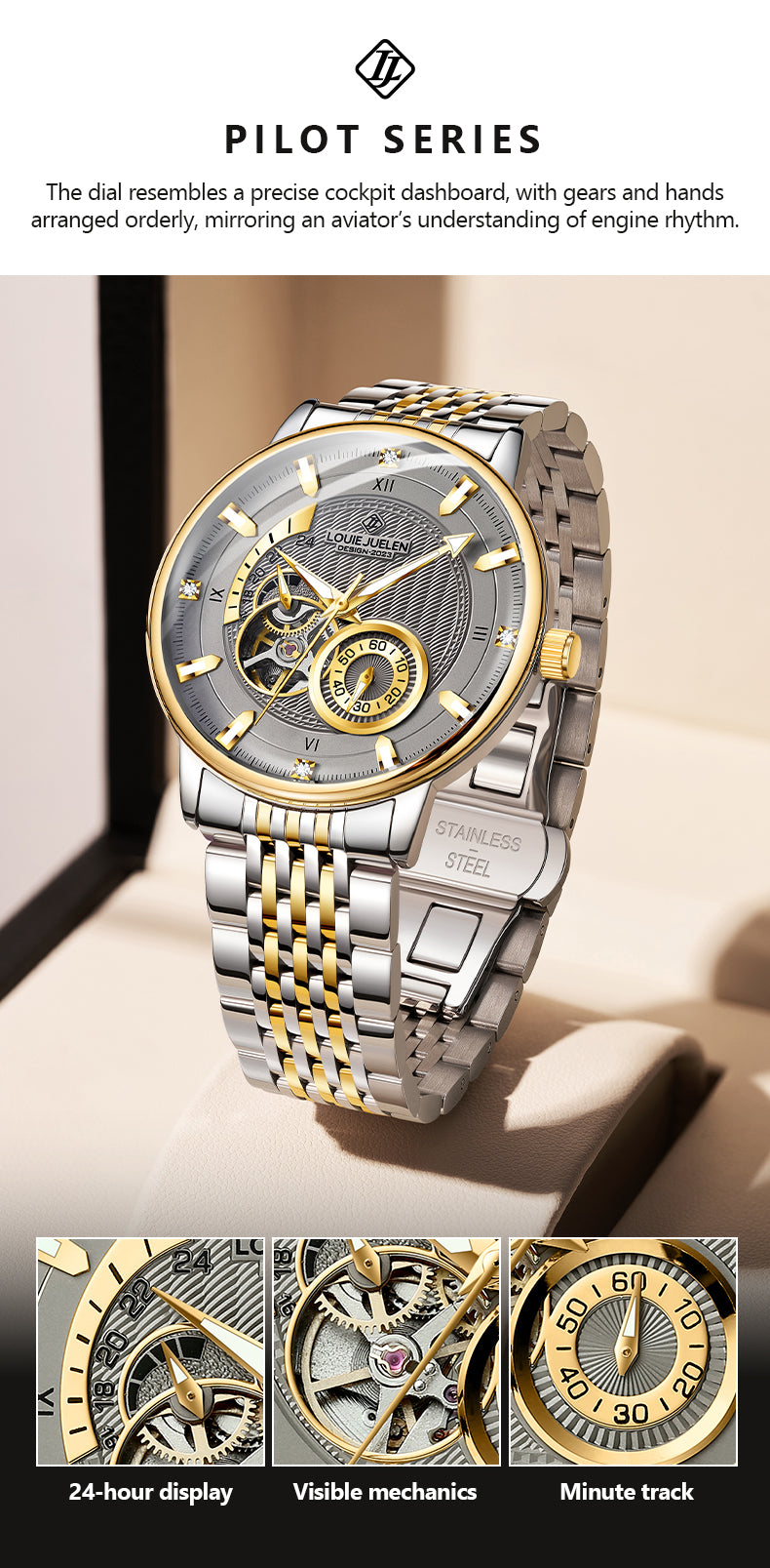 Louie Juelen Automatic Mechanical Watch – 41mm Stainless Steel, Water Resistant