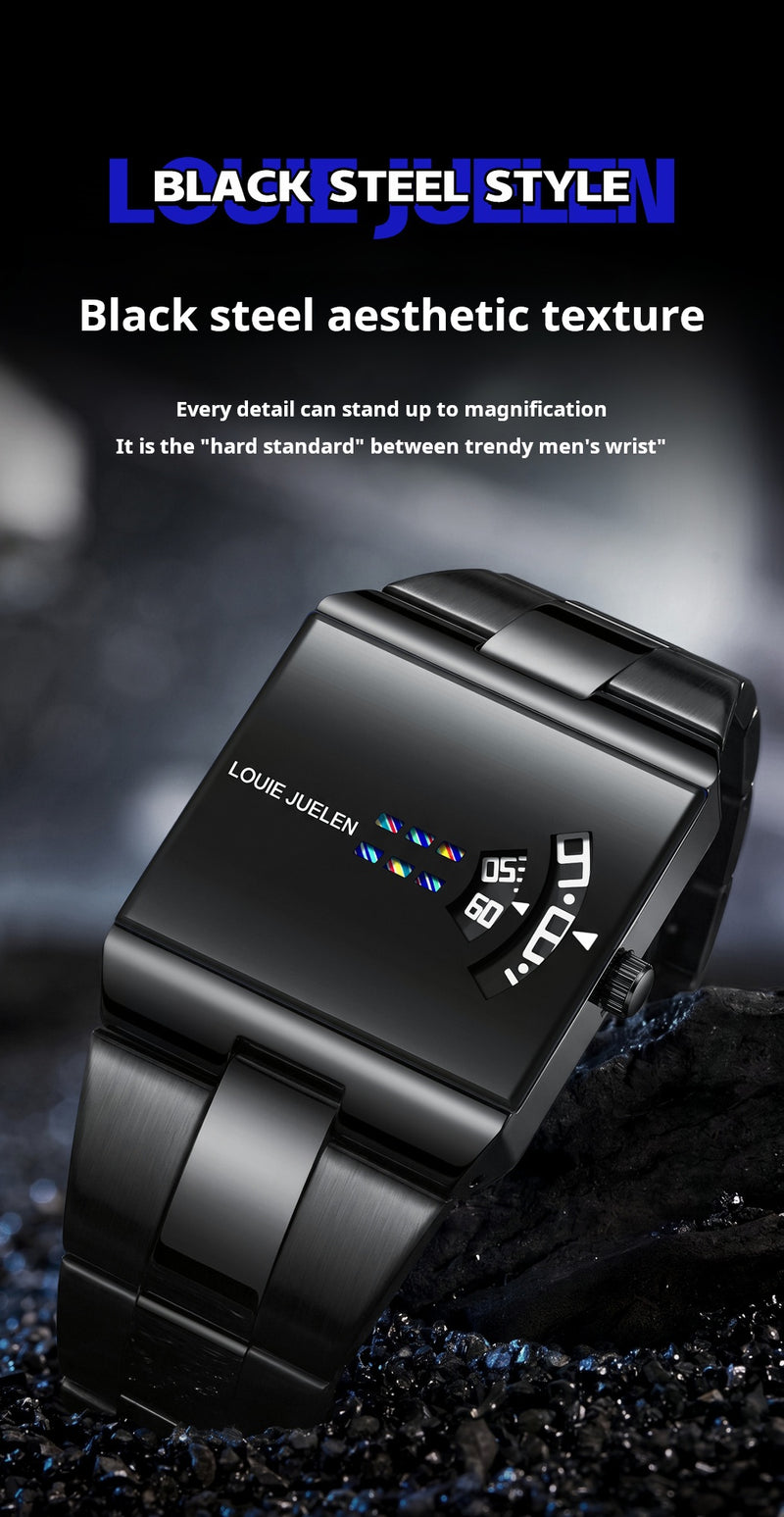 Louie Juelen Square Dial Digital Watch – Black Steel, Waterproof detail view