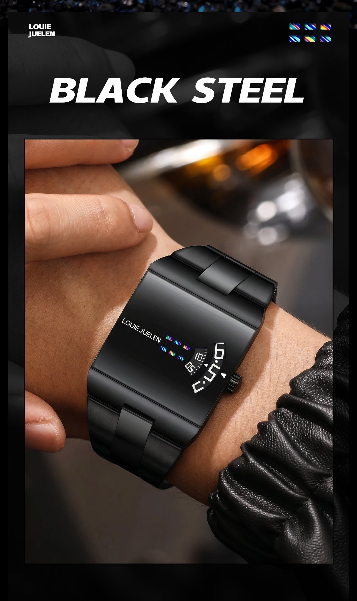Louie Juelen Square Dial Digital Watch – Black Steel, Waterproof