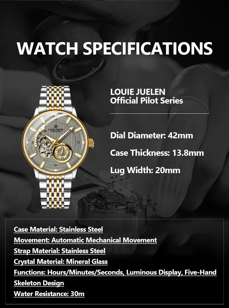 Louie Juelen Automatic Mechanical Watch – 41mm Stainless Steel, Water Resistant