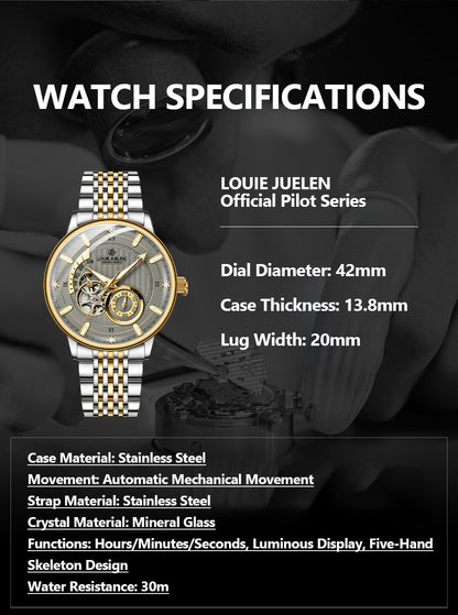 Louie Juelen Automatic Mechanical Watch – 41mm Stainless Steel, Water Resistant
